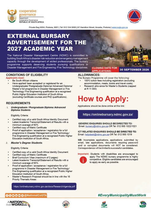 The bursary opportunity at National Disaster Management Centre